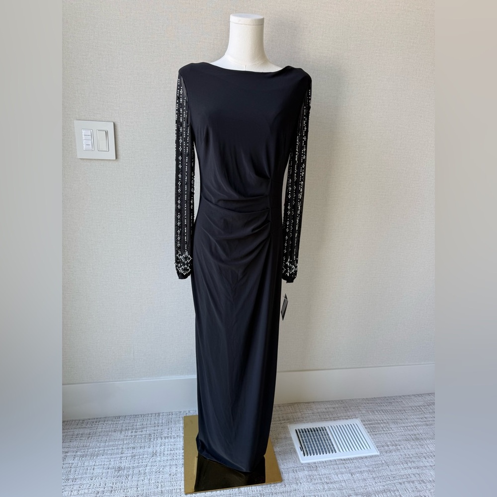 Marina Black Long-Sleeve Evening Dress with Beaded Sleeves from Dillards Size 8